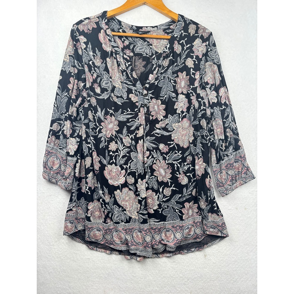 Lucky Brand Peasant Blouse Womens 1X Floral Partial Button Front Boho